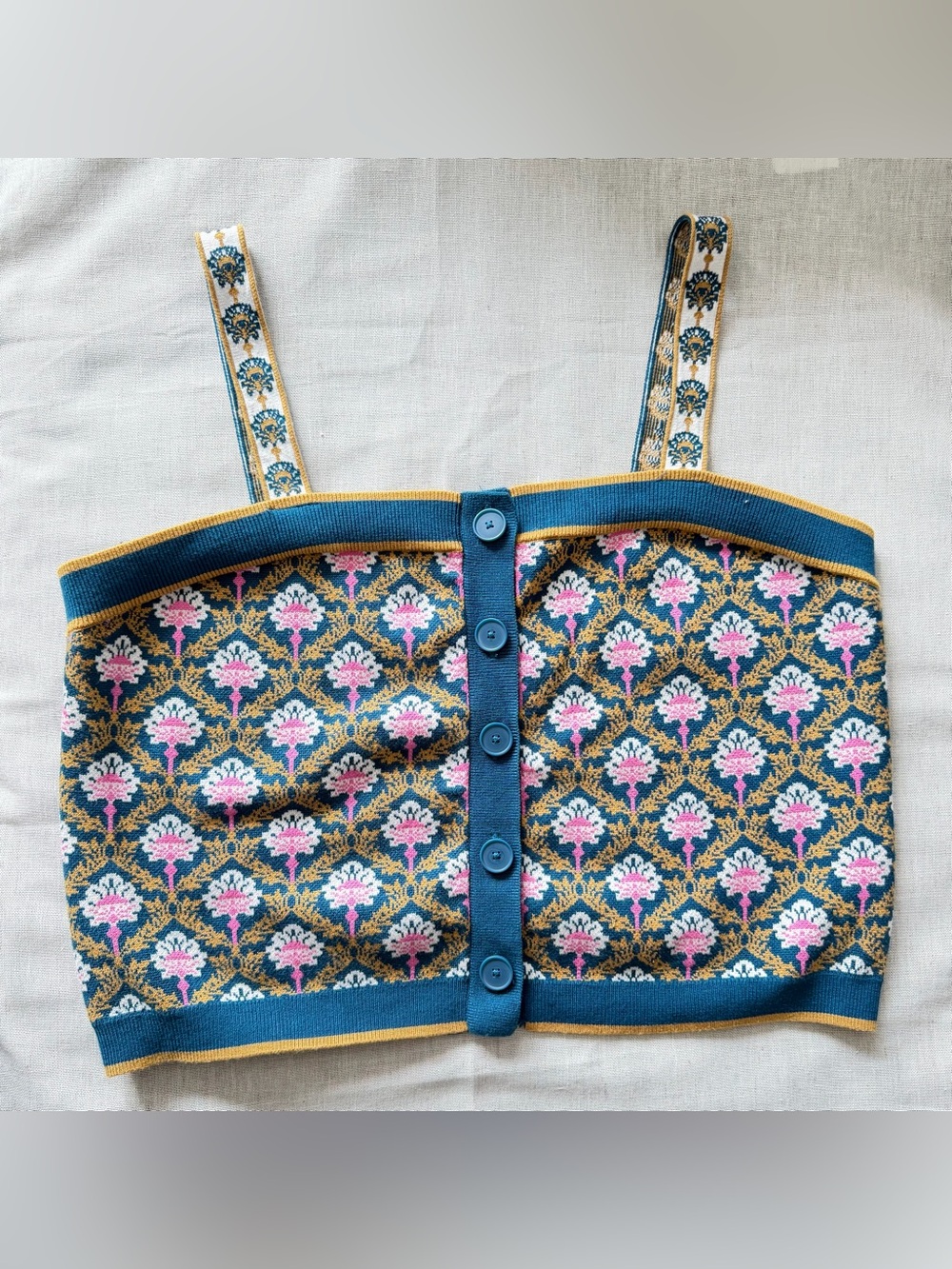 Maeve Blue Floral Jacquard Crop Top with Pink and Gold Accents
